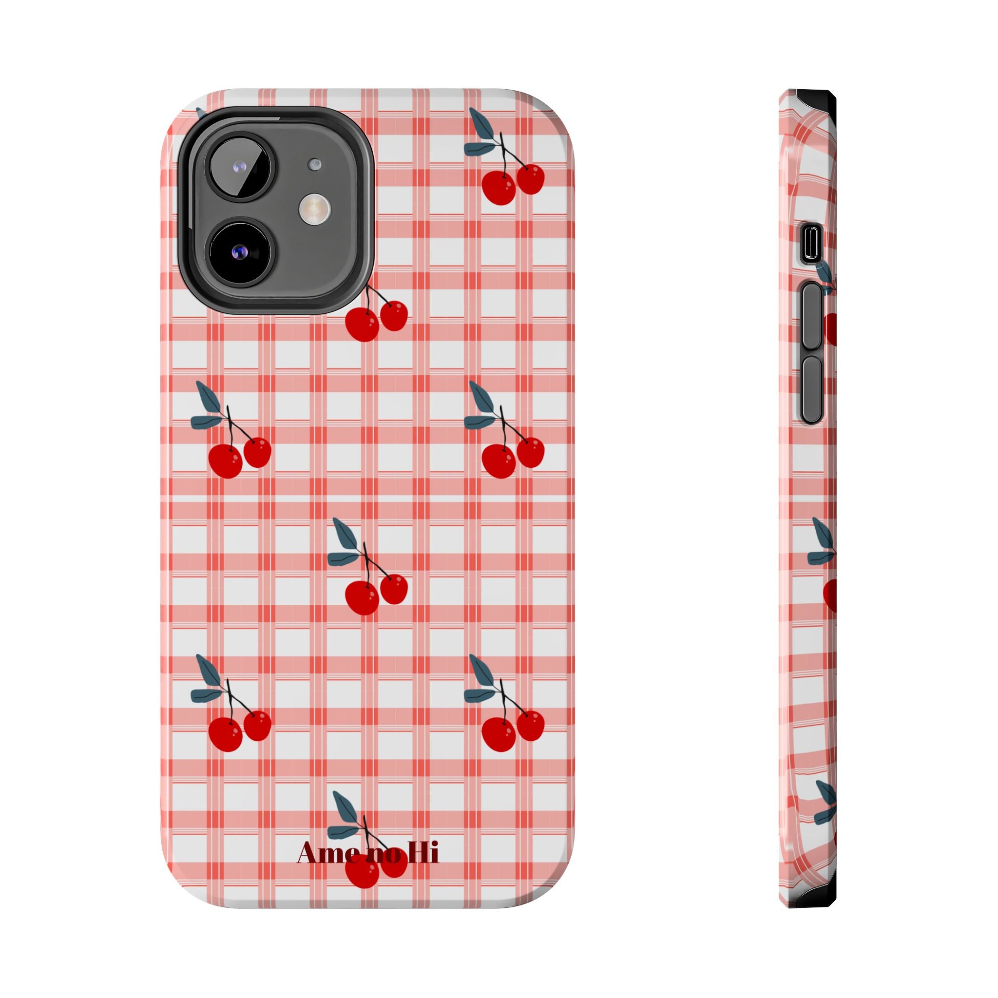 Phone case with red plaid pattern and cherry design on a white background