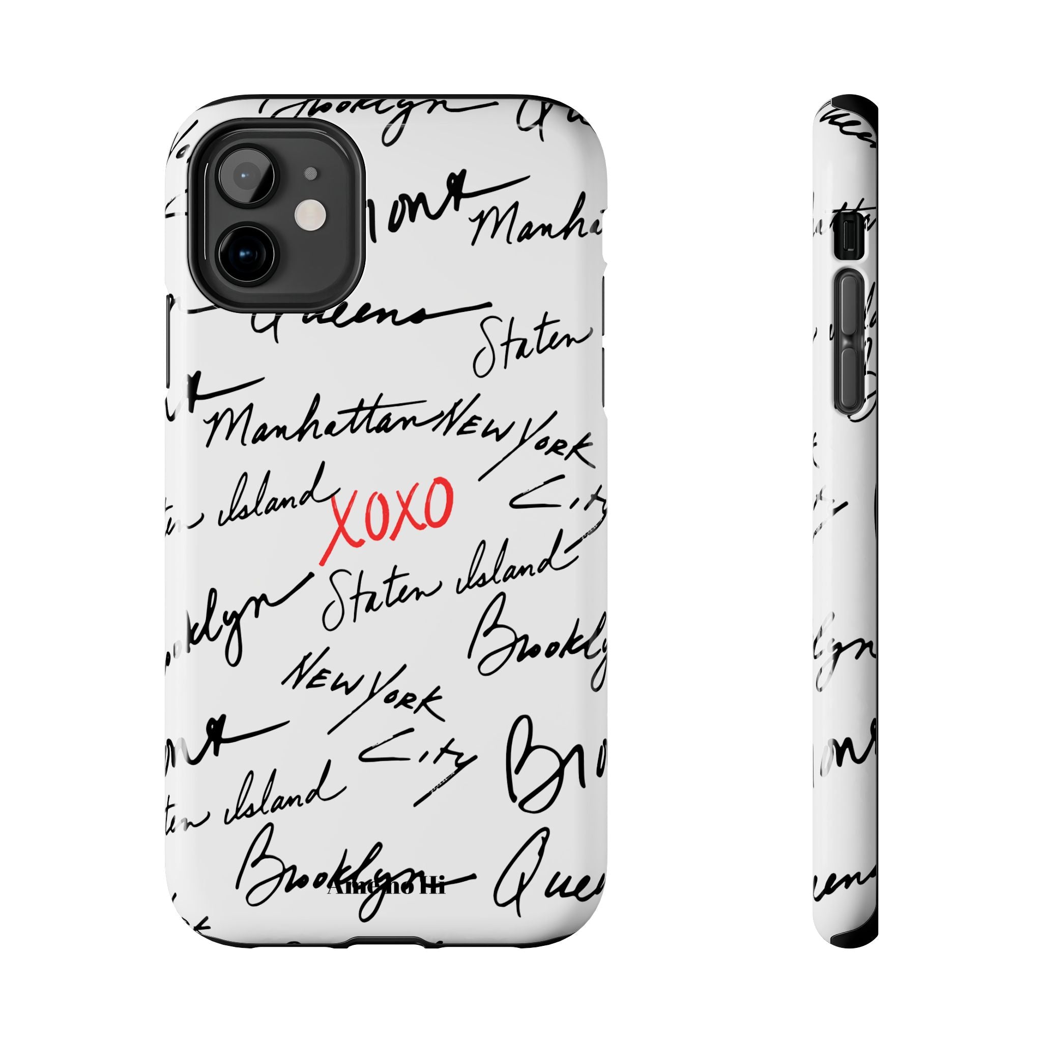 Phone case with handwritten text and 'XOXO' on a white background