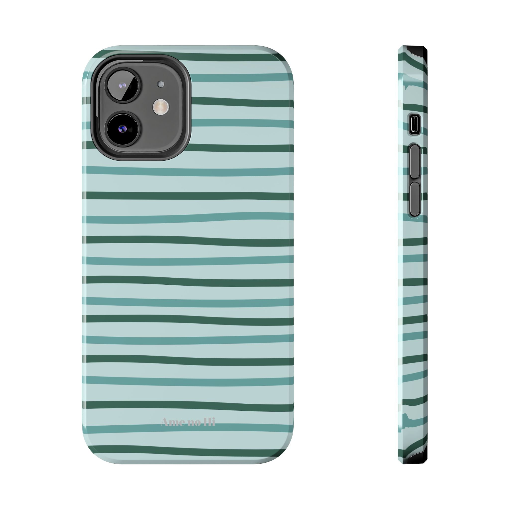 Phone case with blue and green striped pattern on a white background